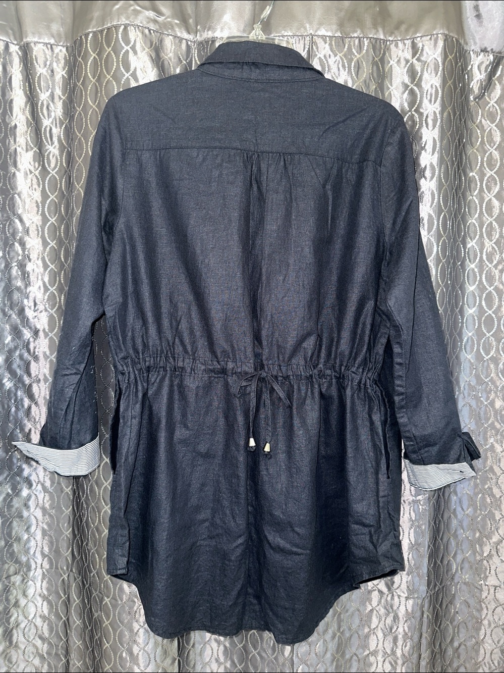 Chic Navy Linen Button-Up Long Shirt Duster with Roll-Tab Sleeves & Back Tie L